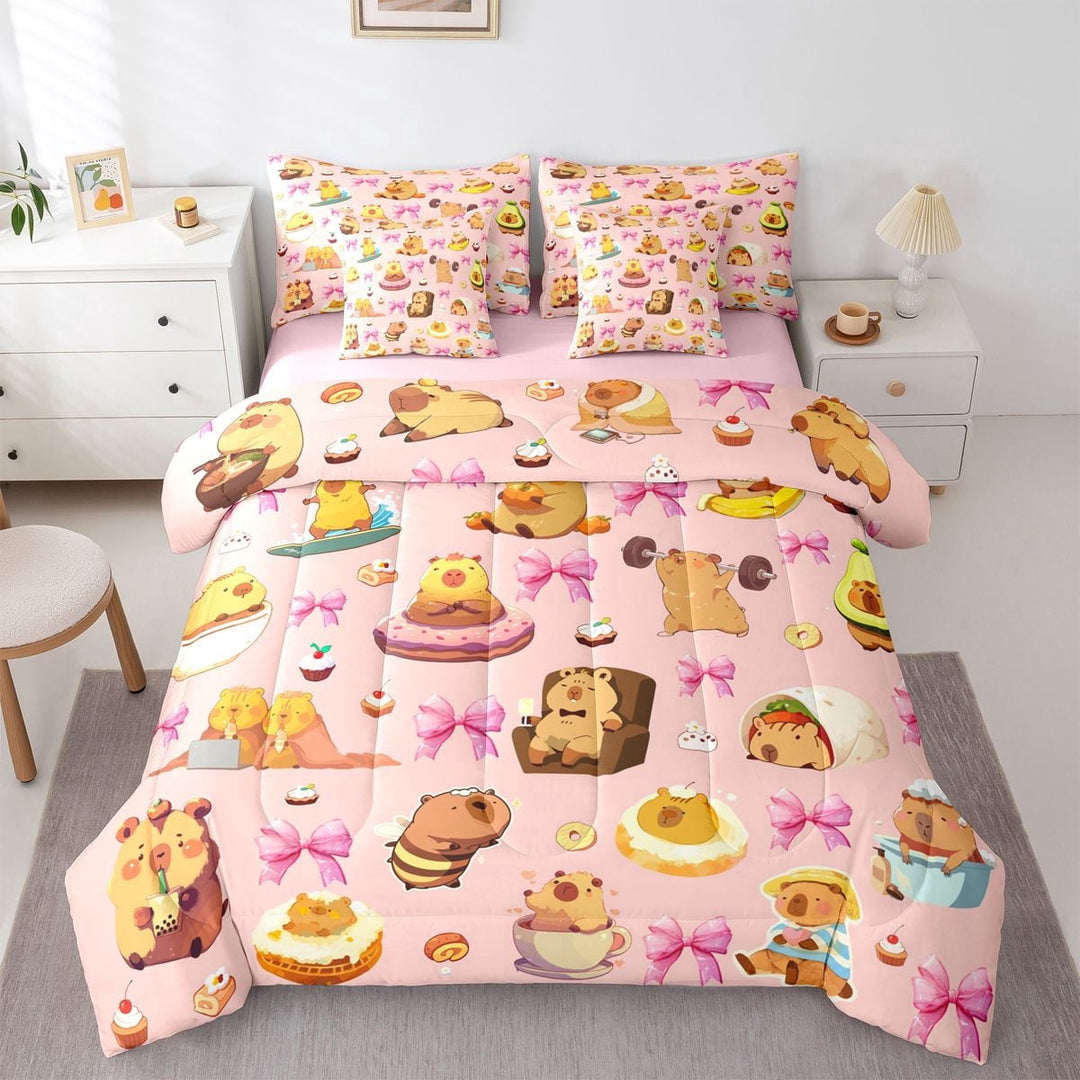 Erosebridal Cute Donuts Capybara Twin Bedding Sets 7-Piece For Children,Boys Girls Kawaii Ribbon Bow Knot Bedding Comforter Set,Pink Reversible