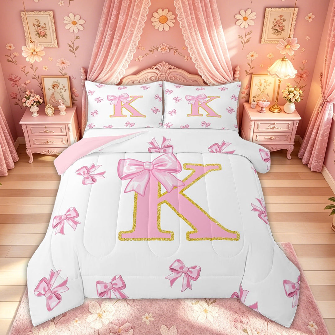 Meiyoeat Pink Gold Glitter Print Bow K Letter Full Size Comforter Sets for Women Girls, Girly Cartoon Alphabet Bedding Sets, Pink Reversible, 3pcs