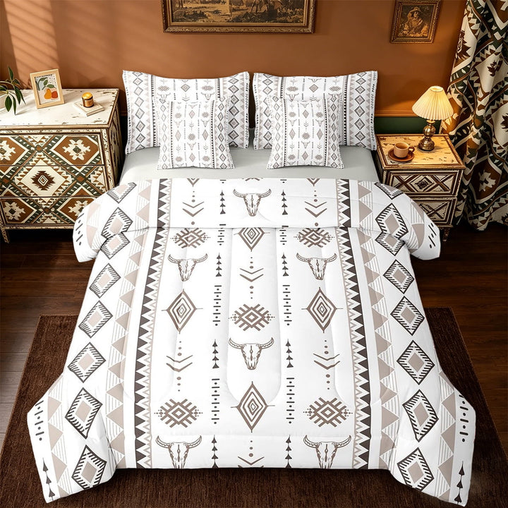 Manfei Bohemian Aztec 7 Pieces Bedding Comforter Set,Western Bull Skull Geometric Farmhouse Full Bedding Set For Boys Men Adult Reversible