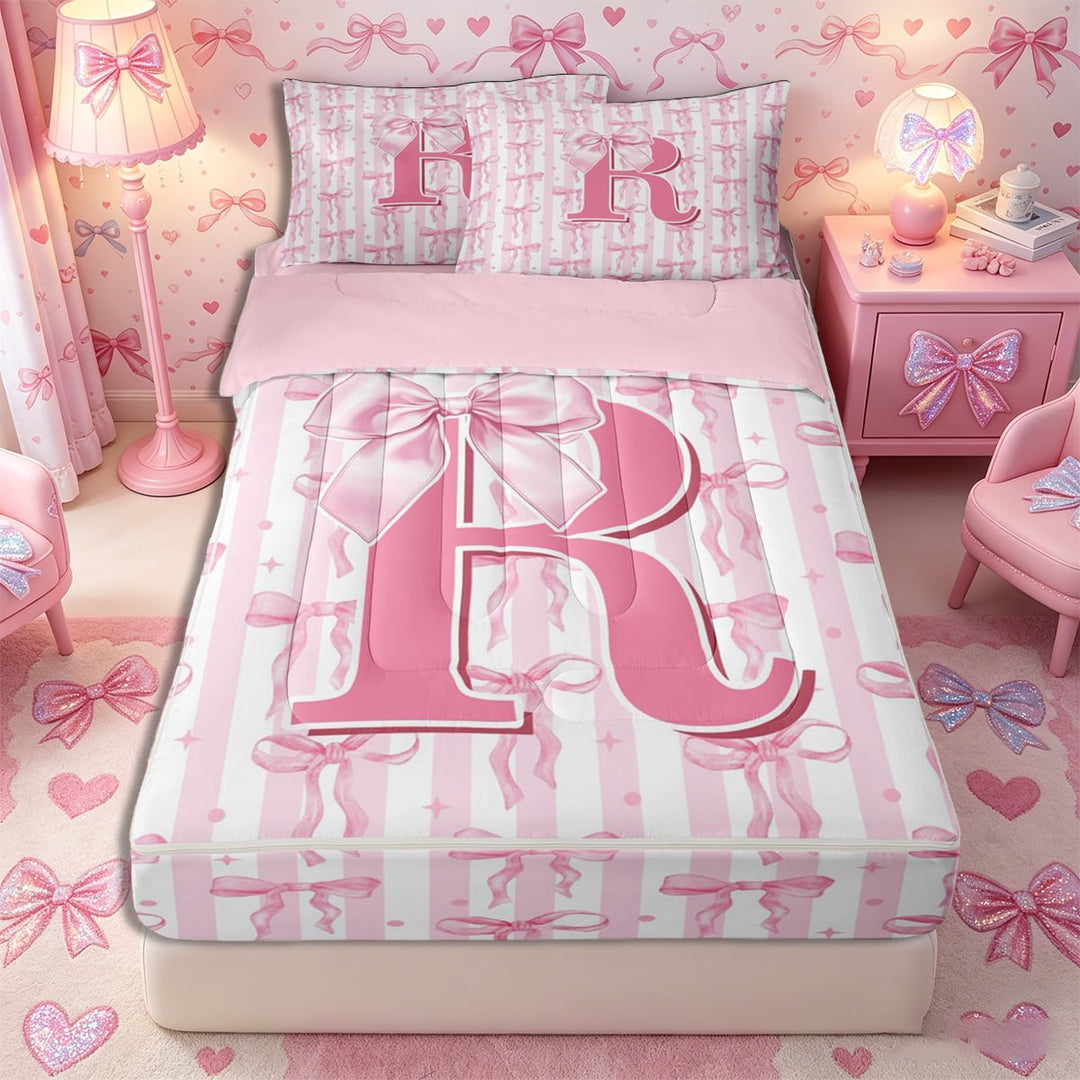 Meiyoeat Charming Bow Letter R Zipper Full Size Comforter Sets with Fitted Sheet and 2 Pillowcases for Girls Juniors, Soft Stripe Zipper Bedding Set for Bedroom,4pcs,Pink Reversible