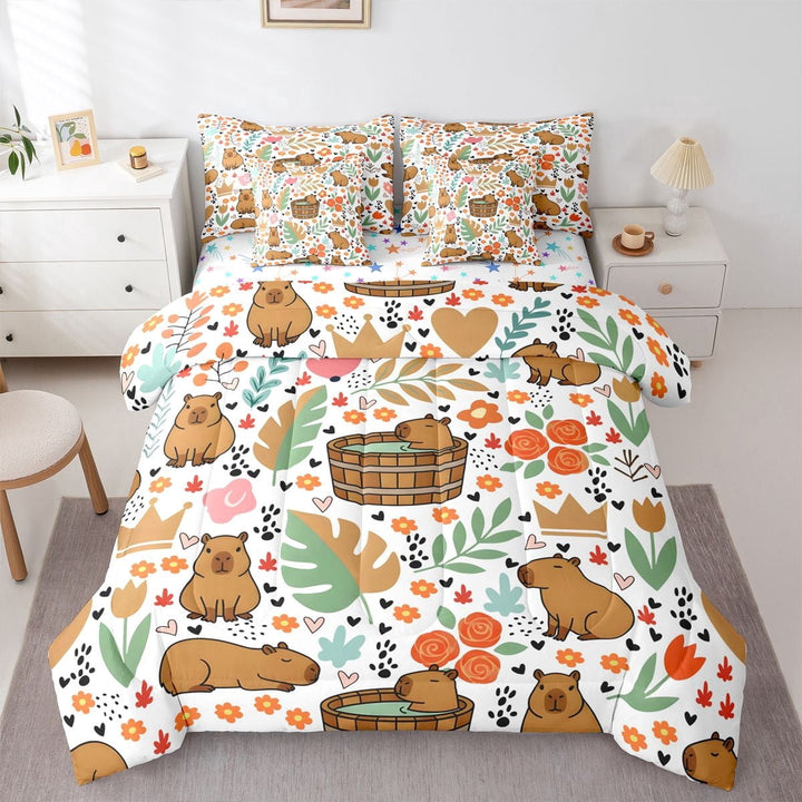 Erosebridal Kawaii Animal Capybara Twin Bedding Sets 7-Piece For Boys Girls,Kids Flowers Love Heart Bedding Comforter Set,Lightweight Room Decor
