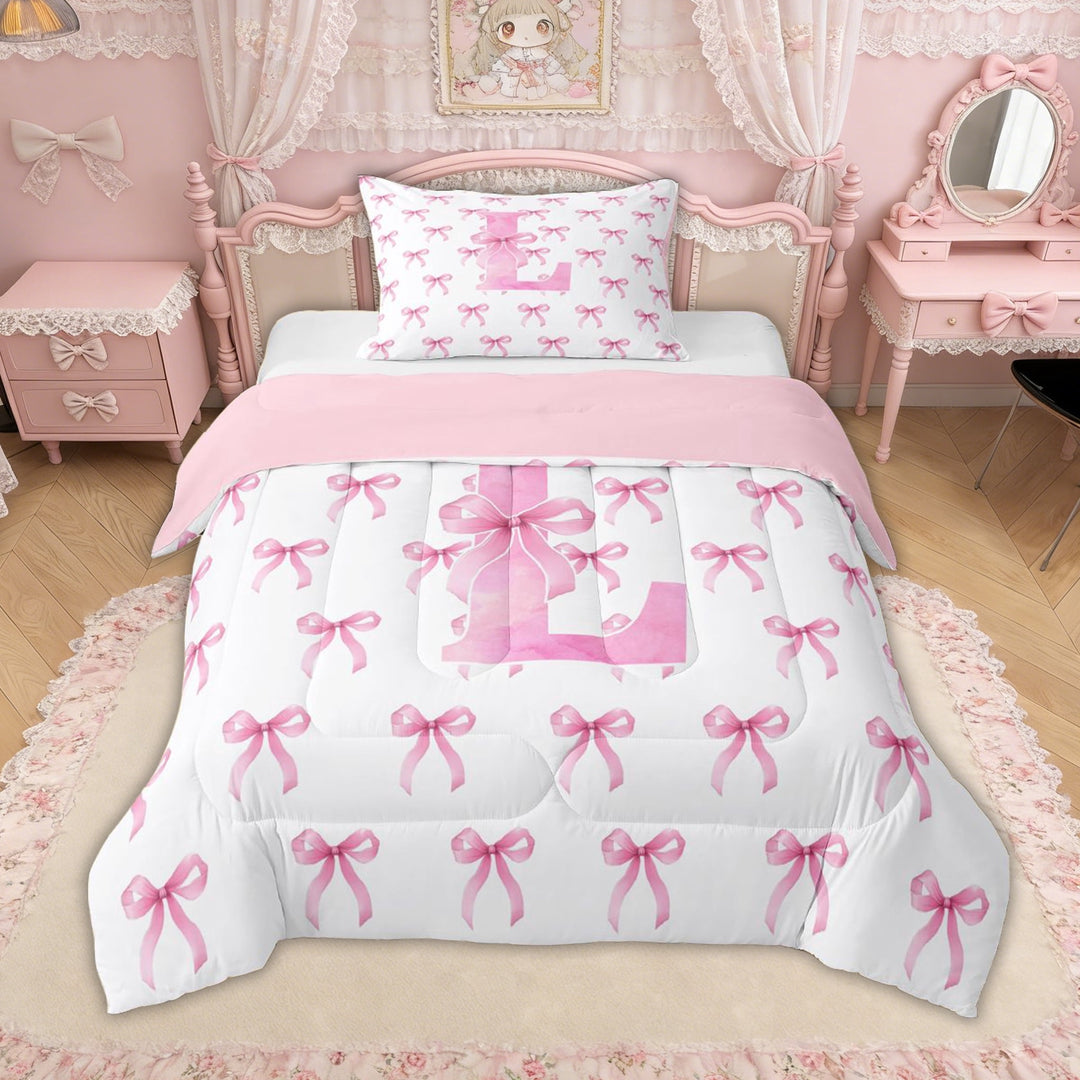 Erosebridal Pink Bow Letter L Twin Comforter Sets for Girls, Pink Watercolor Bow Bedding Set, Pink Reversible, 2-Piece