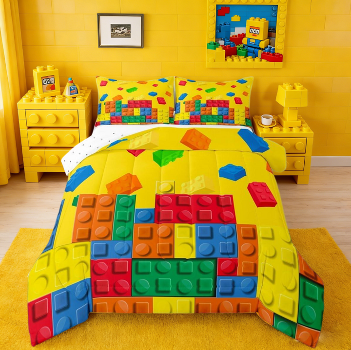 Manfei Building Block Print Full Size Comforter Sets,Brick Styles Bedding Sets For Boys Teens Colorful Gaming Yellow Reversible 3-Piece