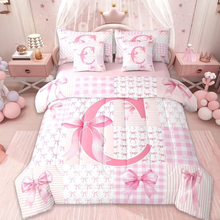Erosebridal Dreamy Princess Bowknot 7-Piece Twin Bedding Sets,Pink Letter C Monogrammed Bedding Comforter Set For Girls Kids,Pink Reversible