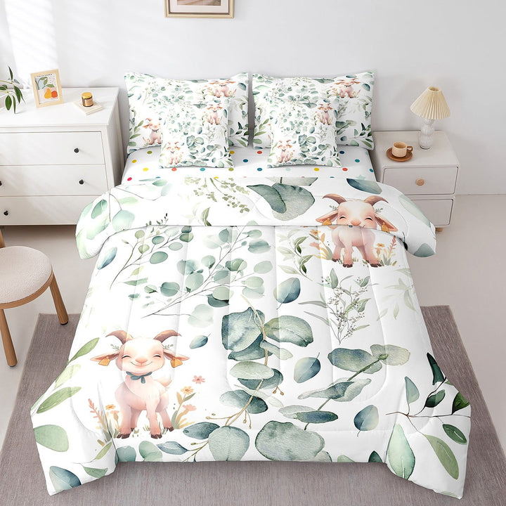7-Piece Cute Animal Bedding Twin Cartoon Goat Sheep Comforter Set, Eucalyptus Bedding Comforter Sets Watercolor Leaves Bed in a Bag, Kawaii Farm Animal Bedding Accessories