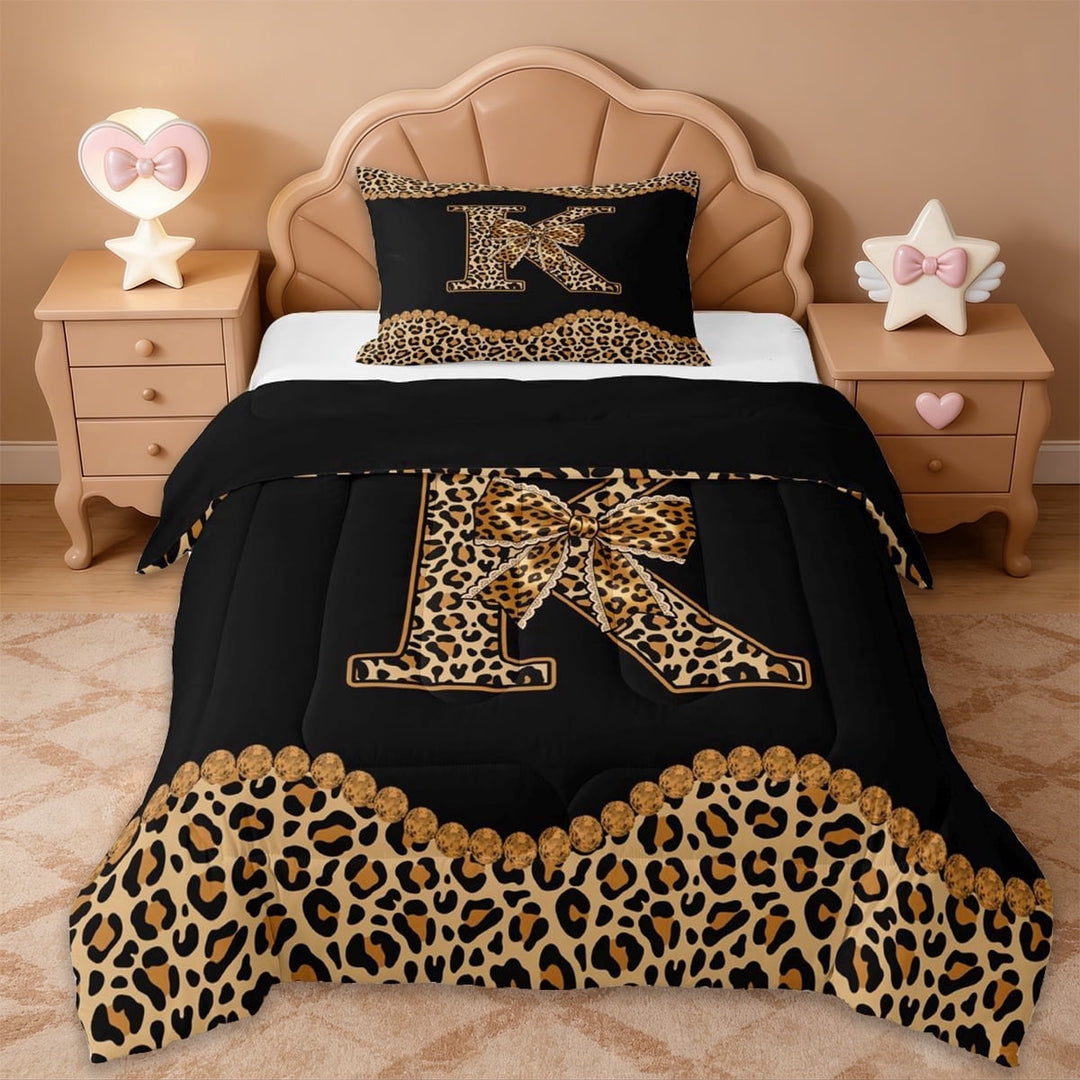 Erosebridal Brown Leopard Bowknot Kids Twin Comforter Sets,Cheetah Print Theme Monogrammed K Bedding Set For Women,Black Reversible,2-Piece