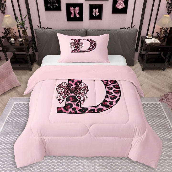 Erosebridal Girls Black Pink D Letter Monogrammed Twin Comforter Sets 3-Piece,Kids Cheetah Print Bow Tie Bedding Set,Pink Reversible