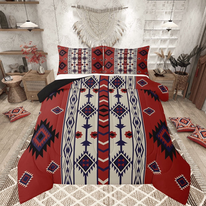Western Boho Bedding Sets King Vintage Red Brown Aztec Quilt Set American Southwestern Comforter Set Adults Men,Southwest Tribal Geometric Diamond Bed Duvet Set