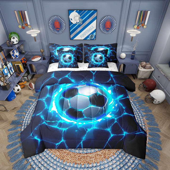Eosebridal Soccer Comforter Set Twin Size 7 Pieces Football Games Blue Geometric Stripes Bedding Set Sports Theme Bed in a Bag with Comforter,Sheets
