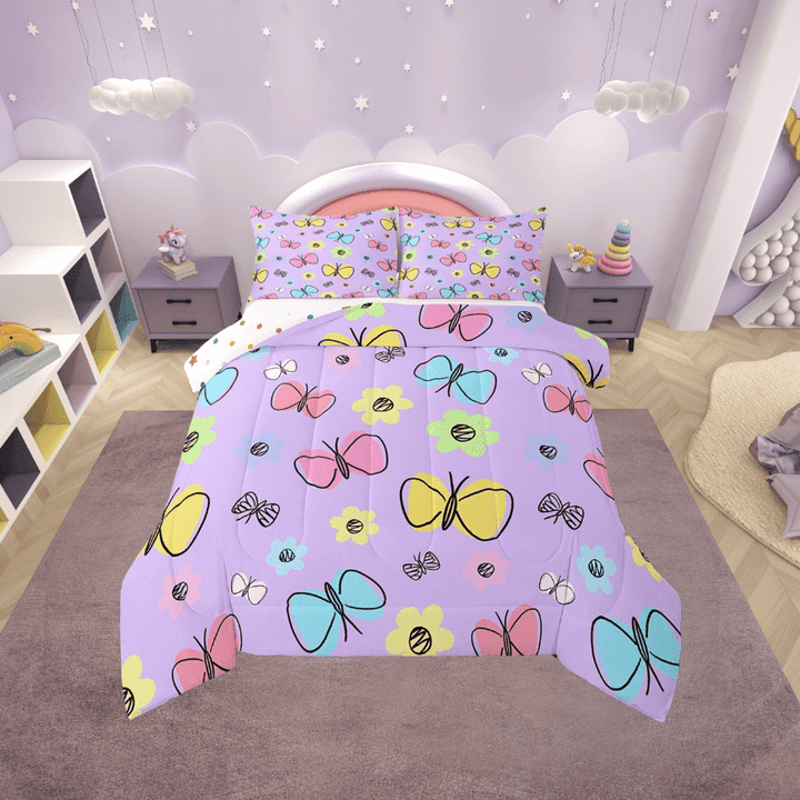 Erosebridal Colorful Butterfly Bedding Twin Comforter Set,Purple Pink Down Comforter,Microfiber Reversible Bedding Sets Twin with Comforter,Cartoon Decoration