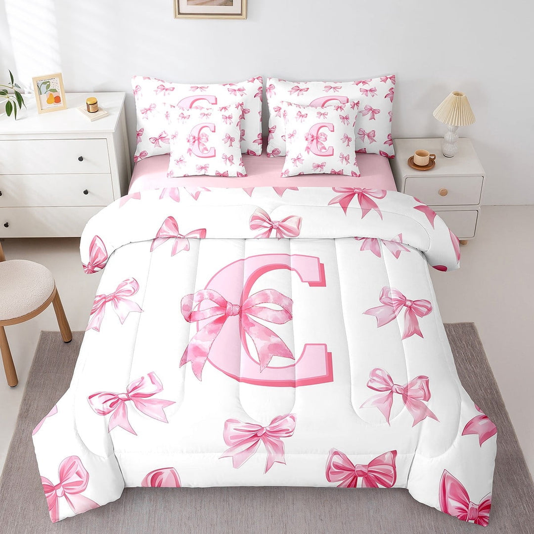 Erosebridal Monogrammed Bow Bedding Sets Twin Size,Personalized Initial Comforter Sets with Sheets,Bowknot Decoration,Reversible,Breathable,7-Piece