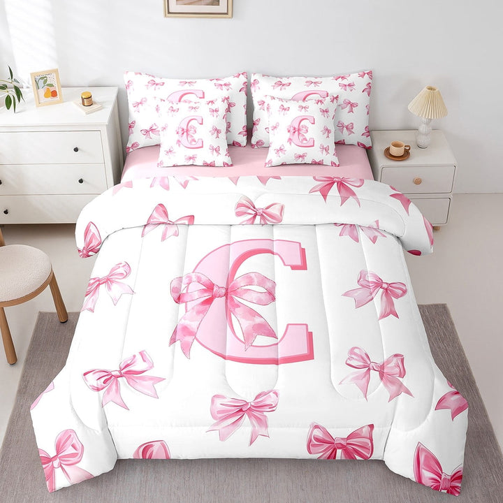 Erosebridal Monogrammed Bow Bedding Sets Twin Size,Personalized Initial Comforter Sets with Sheets,Bowknot Decoration,Reversible,Breathable,7-Piece