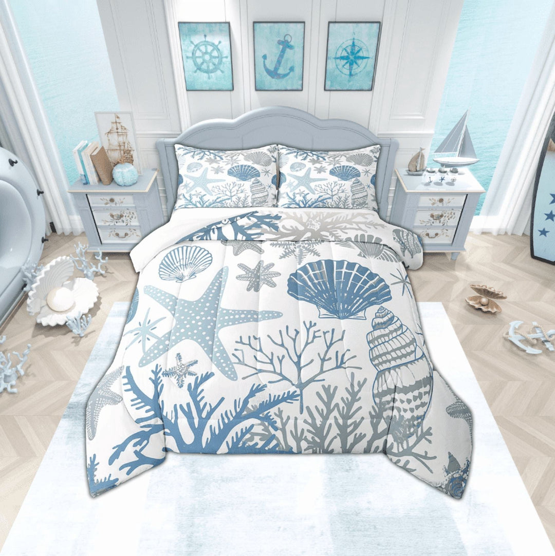 Nautical Coastal Comforter Set Blue Ocean Beach Bedding Comforter Sets Full,Seashell Starfish Quilt Conch Shell Coral Duvet Insert,Plain White Blue Room Decor