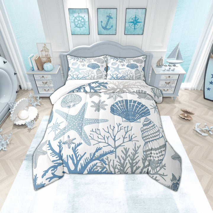 Nautical Coastal Comforter Set Blue Ocean Beach Bedding Comforter Sets Full,Seashell Starfish Quilt Conch Shell Coral Duvet Insert,Plain White Blue Room Decor