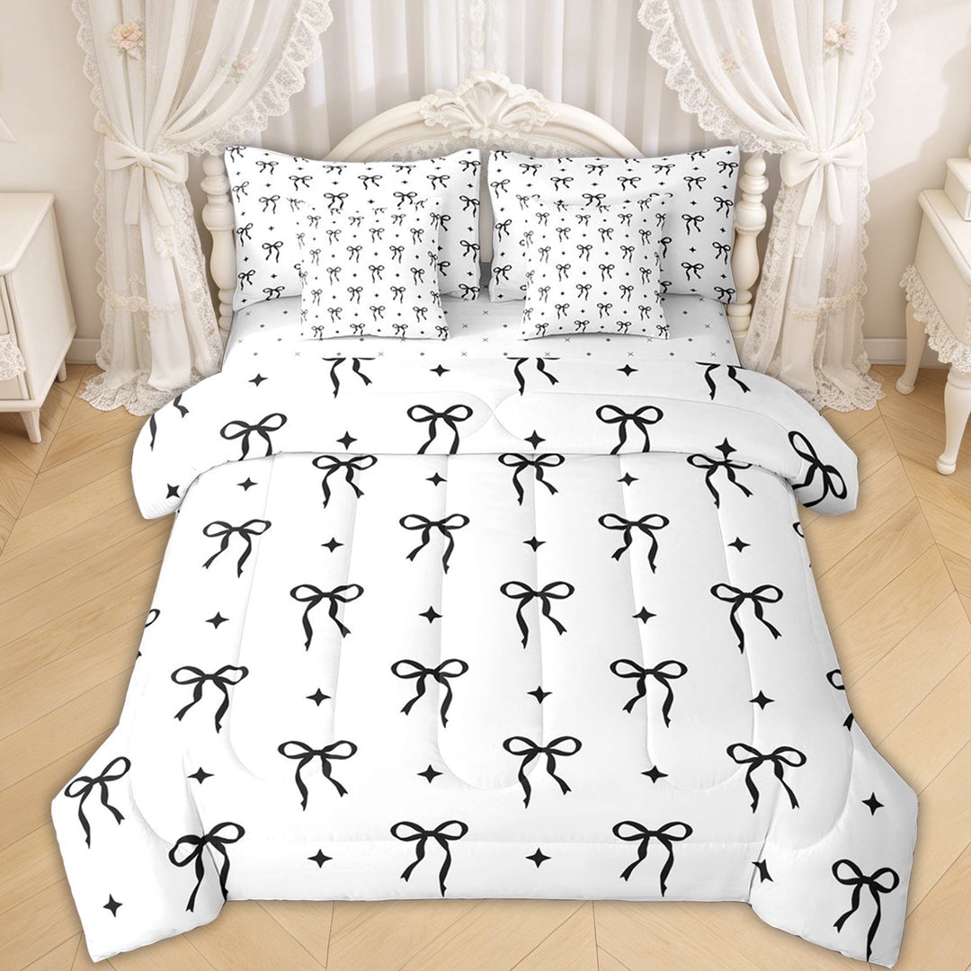 Erosebridal Kawaii Bow Twin Bedding Sets for Girls Women, White Black Stars Bedding Comforter Set, Reversible, 7-Piece