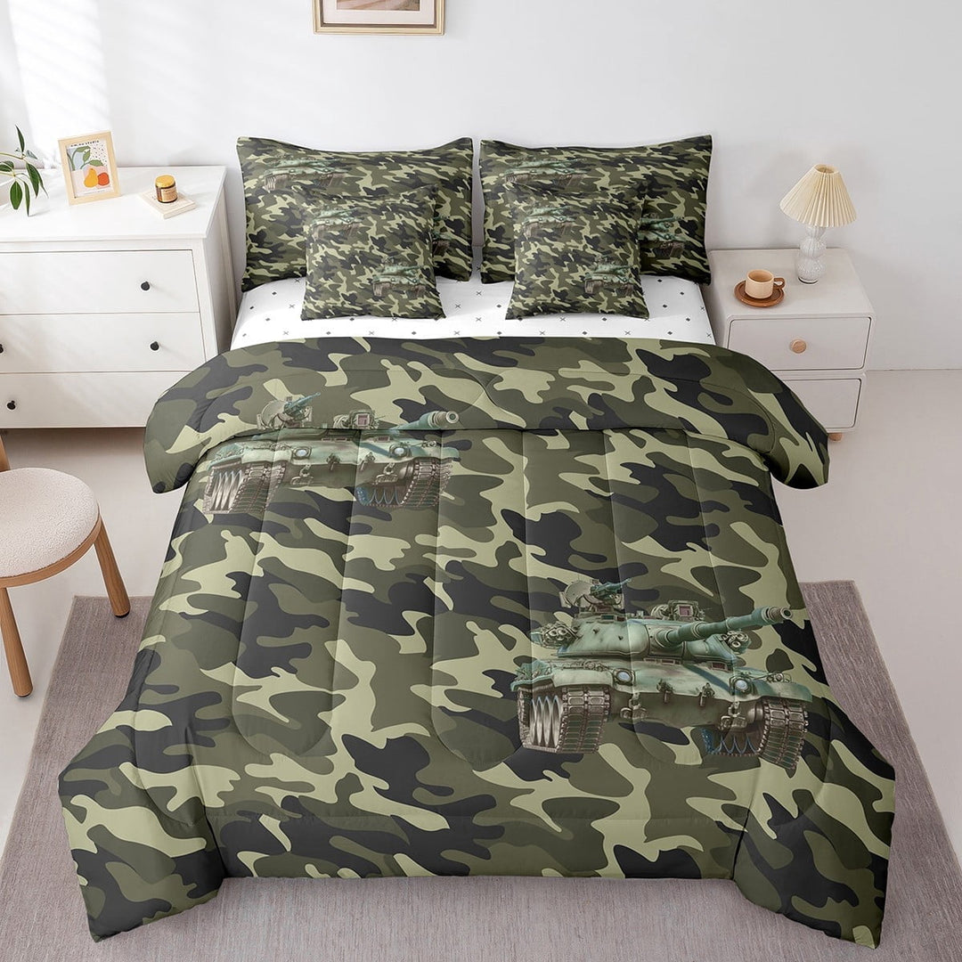 Erosebridal Army Tank Bedding Sets King Size, Green Camouflage Comforter Sets with Sheets, Military War Theme Bedding Accessories, Microfiber Room Decorative, Reversible 7pcs