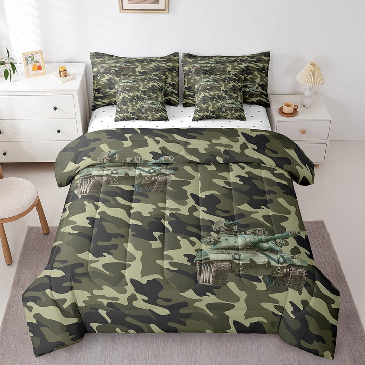 Erosebridal Army Tank Bedding Sets King Size, Green Camouflage Comforter Sets with Sheets, Military War Theme Bedding Accessories, Microfiber Room Decorative, Reversible 7pcs