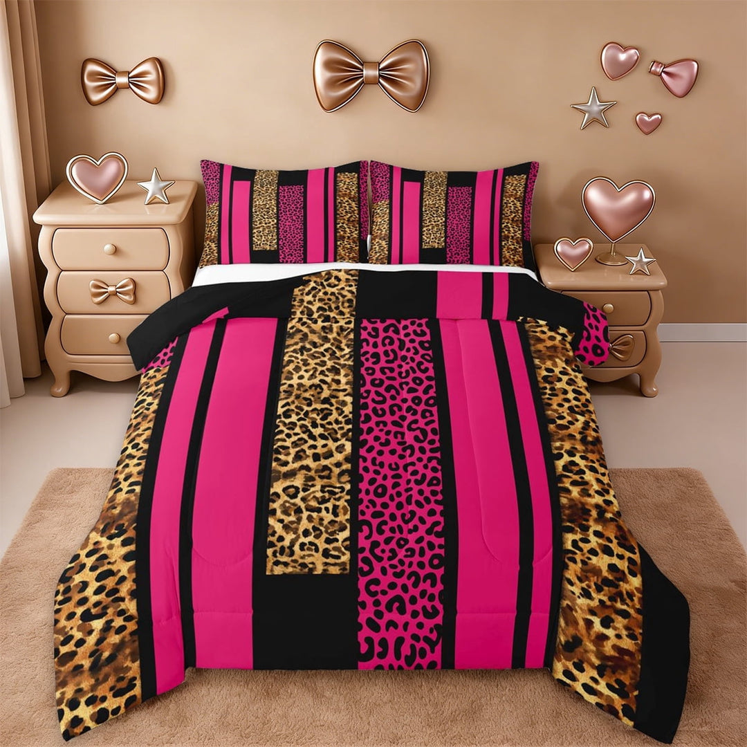 Erosebridal Leopard Print Stripes Full Size Comforter Sets,Chic Wild Animal Texture Bedding Sets For Women Adults,Reversible Black,3 Pieces