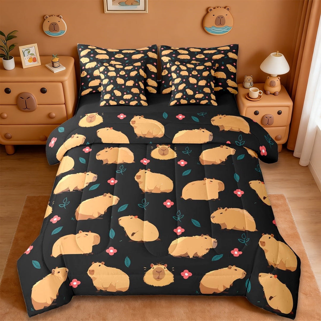 Erosebridal Capybara 7-Piece Twin Bedding Sets For Capybara Lovers,Pink Flowers Green Leaves Bedding Comforter Set For Kids Girl ,Reversible Black