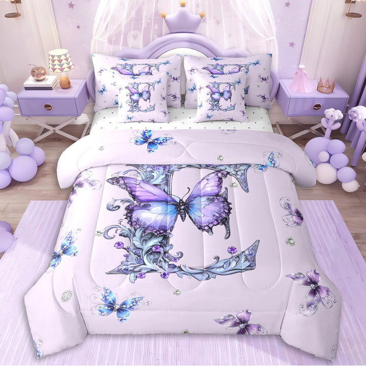 Erosebridal Personalized Initial E Twin Bedding Sets 7-Piece For Girls,Purple Blue Butterflies Bedding Comforter Set For Kids Teens,Ultra Soft Home Decor