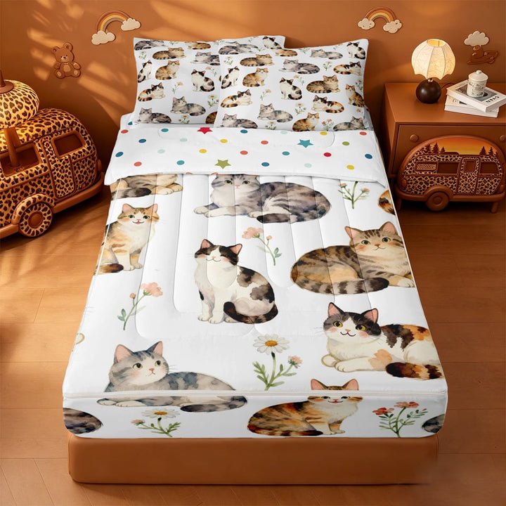 meiyoeat Watercolor Cat Flower Pattern Zipper Full Size Comforter Sets with Fitted Sheet and 2 Pillowcases,Animal Print Zipper Bedding Set For Girl,Reversible,4-Piece