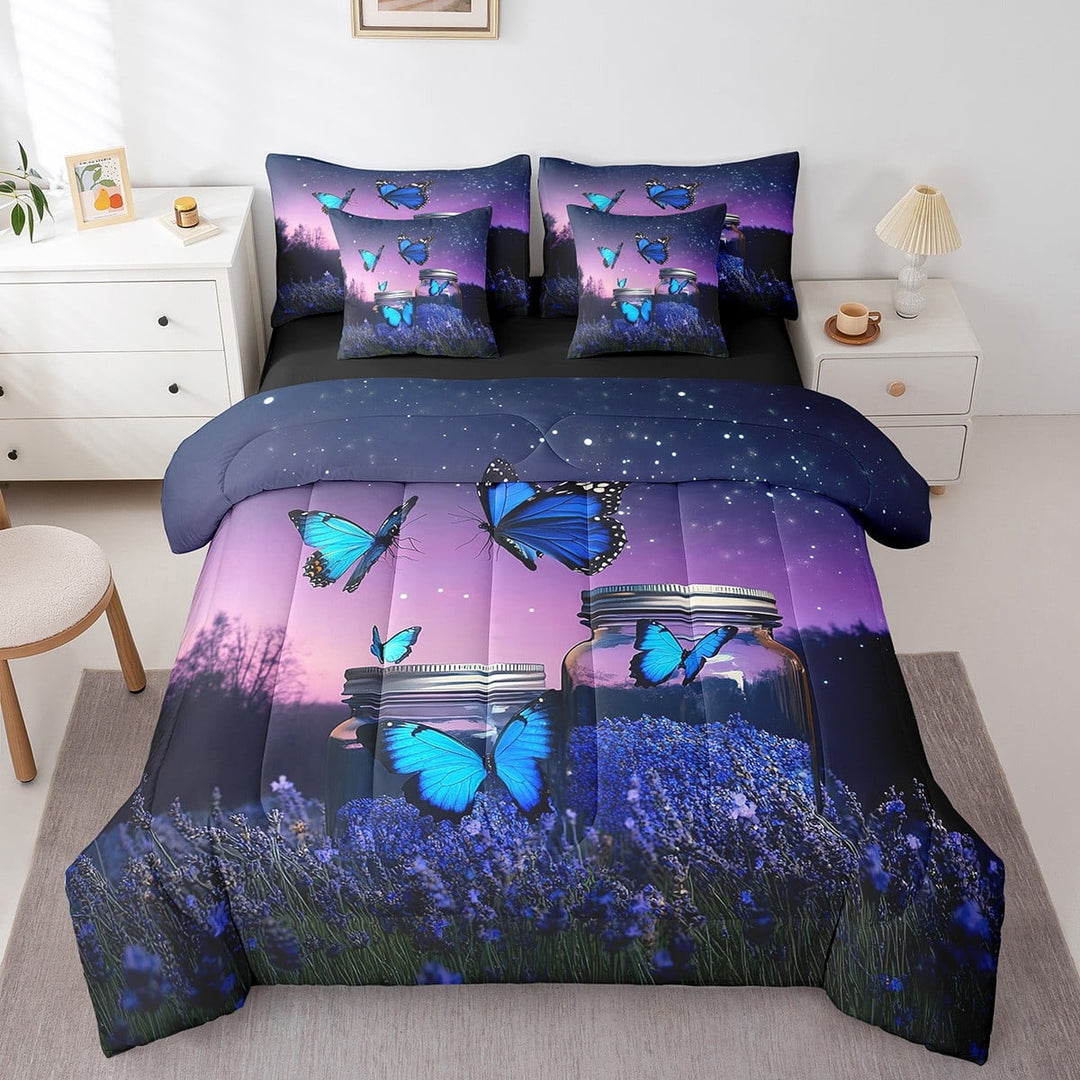 Blue Butterfly 7 Pcs Full Bed In A Bag Purple Lavender Bedding Set Dreamy Theme Comforter Sheets Dreamy Butterfly Bed Set for Teen Rustic Farm Butterfly Romantic Style Sheet Set