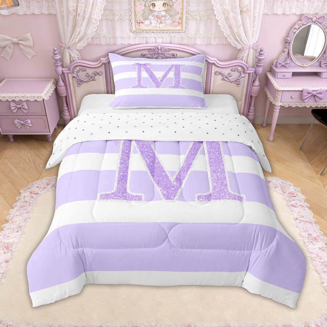 Erosebridal Glitter Print Bow Letter M Twin Comforter Sets for Girls, Purple Stripes Ribbon Bedding Set, Reversible, 2-Piece