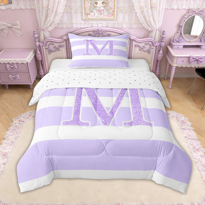 Erosebridal Glitter Print Bow Letter M Twin Comforter Sets for Girls, Purple Stripes Ribbon Bedding Set, Reversible, 2-Piece