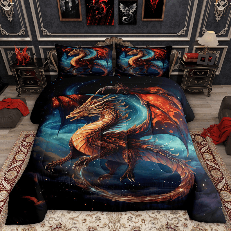 Magical Pterosaur Bedding Set Full Red Dragon Comforter Set, Dark Blue Tie Dye Bedding Comforter Sets Psychedelic Galaxy Quilted Comforter, Magic Dino Duvet Sets Cartoon Decor