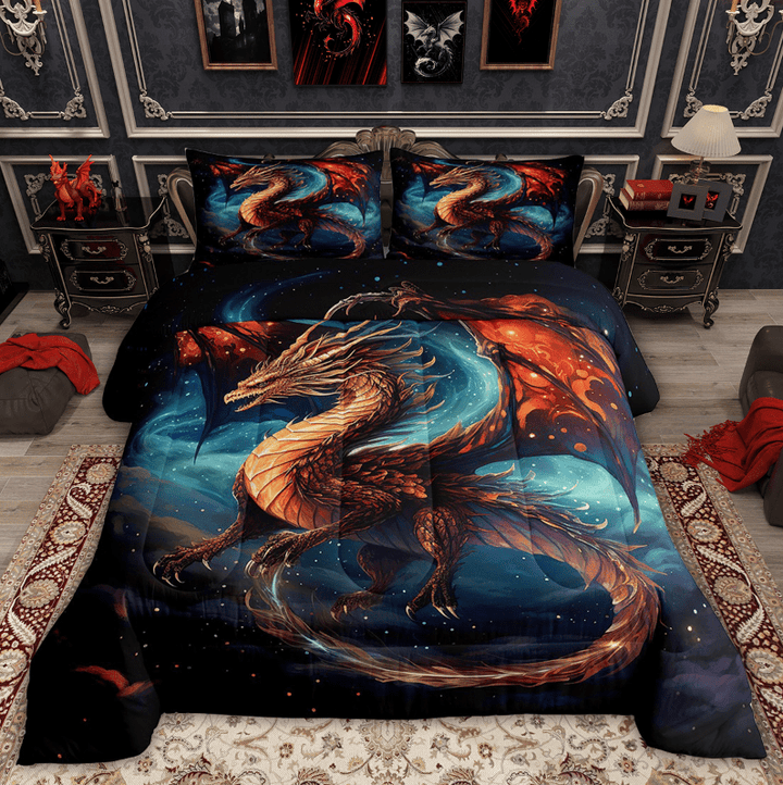Magical Pterosaur Bedding Set Full Red Dragon Comforter Set, Dark Blue Tie Dye Bedding Comforter Sets Psychedelic Galaxy Quilted Comforter, Magic Dino Duvet Sets Cartoon Decor