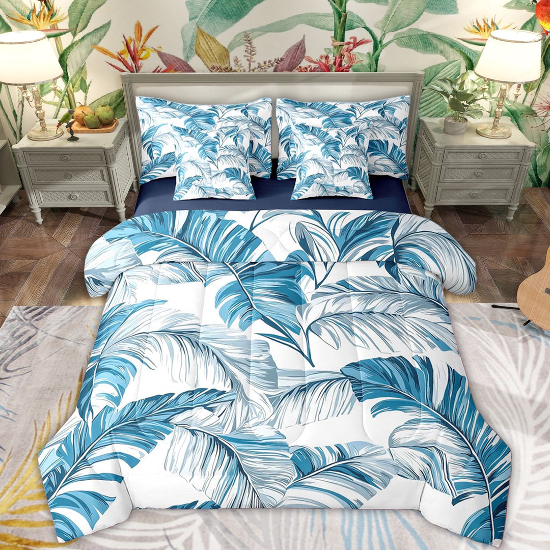 Erosebridal Blue Palm Leaf Twin Bedding Sets for Kids, Summer Plant Bedding Comforter Set, Blue Reversible, 7-Piece