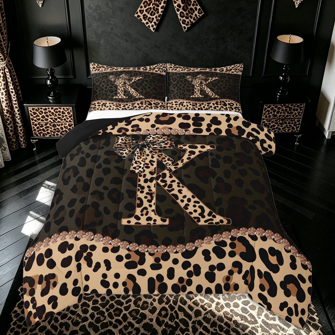meiyoeat Fashion Leopard K Letter Full Size Comforter Sets for Women Girls, Cheetah Print Bow Bedding Comforter Set, Brown Black, Black Reversible, 3pcs, 1 Comforter and 2 Pillowcases