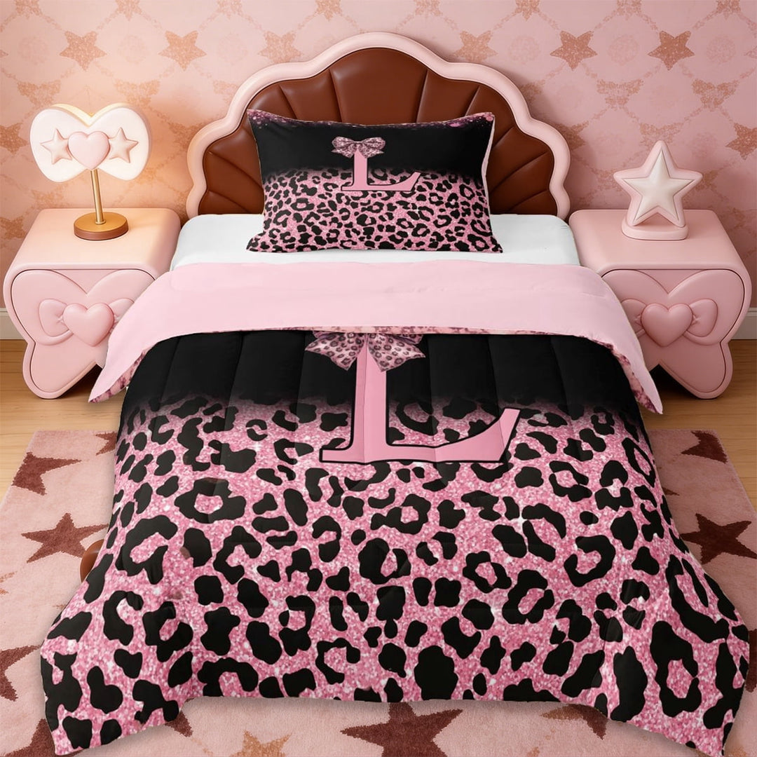 Erosebridal Women Cheetah Printed Twin Comforter Sets,Pink Sequin Print Bow Monogrammed L Bedding Set For Girls Kids,Reversible pink,2-Piece