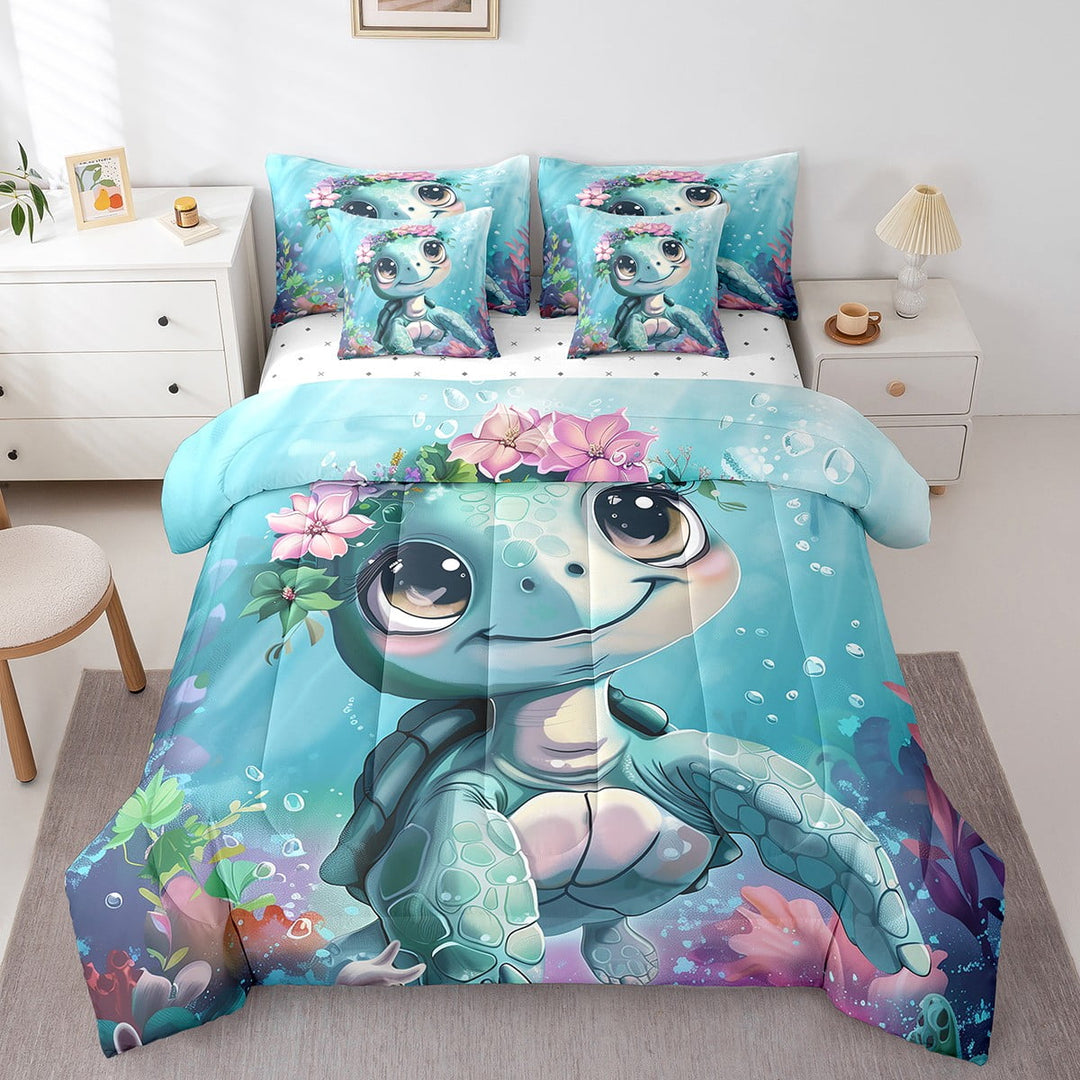 Cute Sea Turtle Bedding Twin Size 7pcs Kawaii Ocean Animal Comforter Set Teal Blue Underwater World Bedding Comforter Sets Pink Flower Floral Bed in a Bag Cartoon Sealife Bedding Accessories