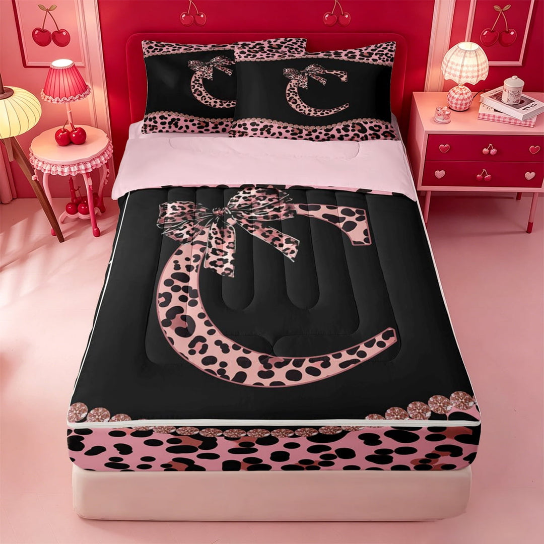 meiyoeat Cheetah Pattern Monogrammed C Zipper Full Size Comforter Sets with Fitted Sheet and 2 Pillowcases For Kids,Pink Leopard Print Bow Zipper Bedding Set For Girls,pink Reversible,4 Pieces