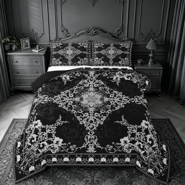 Erosebridal Retro Damask Flower Queen Comforter Set,Vintage Floral Bedding Comforter Set For Adults,Reversible black,3 Pieces