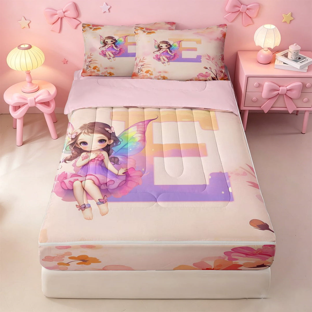 meiyoeat Personalized Initial E Zipper Twin Comforter Sets with Fitted Sheet and 2 Pillowcases,Vintage Botanical Flowers Zipper Bedding Set For Girl,Pink Reversible,4 Pieces