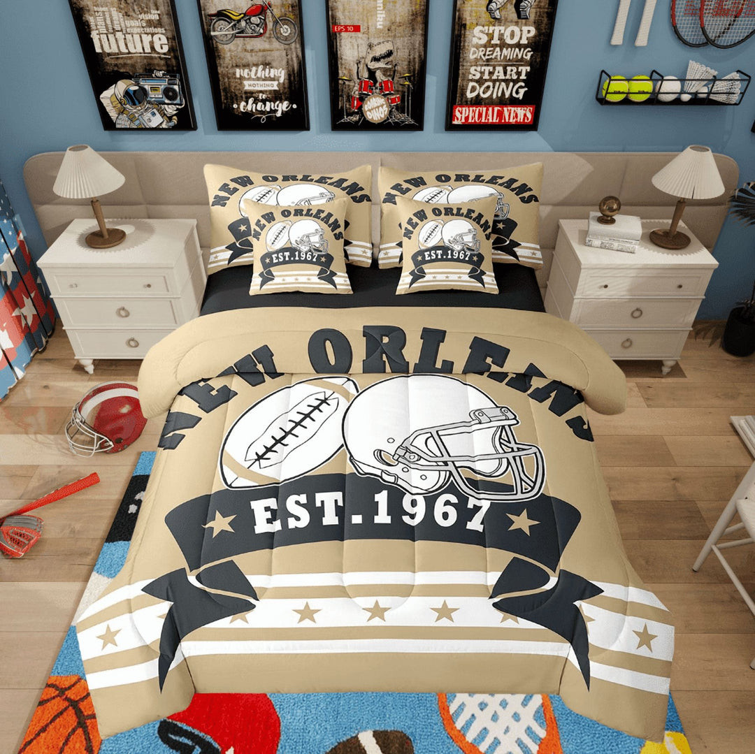 7-Piece Football City Bedding Sets Football Lovers Sports Game Comforter Full, Rugby Sports Decor Bed Set, 1 Comforter, 1 Flat Sheet 1 Fitted Sheet 2 Pillowcases 2 Throw Pillow Covers (New Orleans)