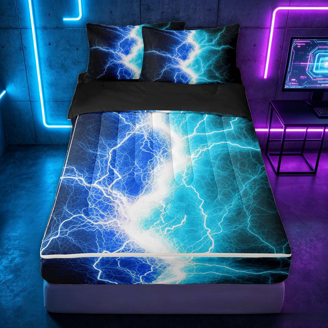 meiyoeat Neon Lightning Pattern Zipper Twin Comforter Sets with Fitted Sheet and 2 Pillowcases for Boys, Electric Blue Teal Print Zipper Bedding Set, Black Reversible