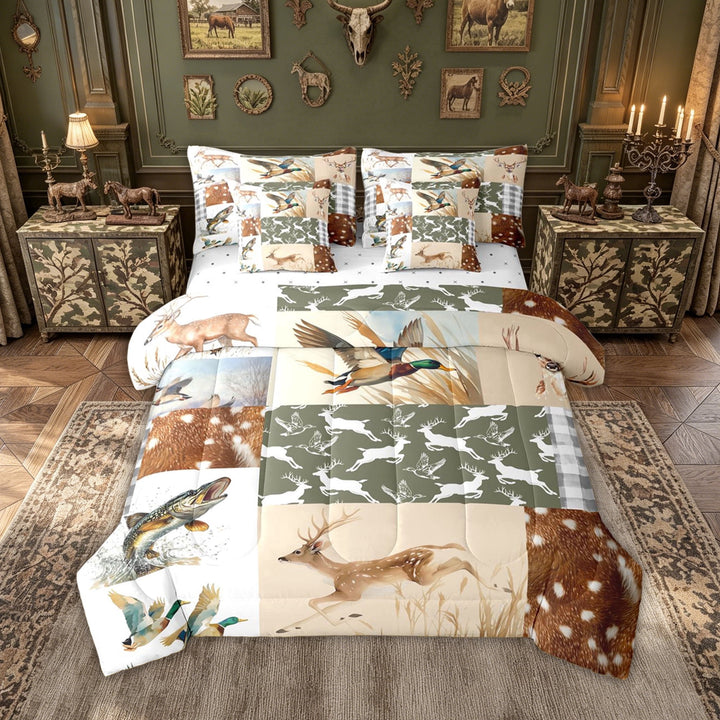 meiyoeat Woodland Hunting Wildlife Full Size Bedding Sets for Men Boys, Rustic Camo Animal Patchwork Full Size Bed in a Bag, Green Brown, Reversible, 7 Pieces