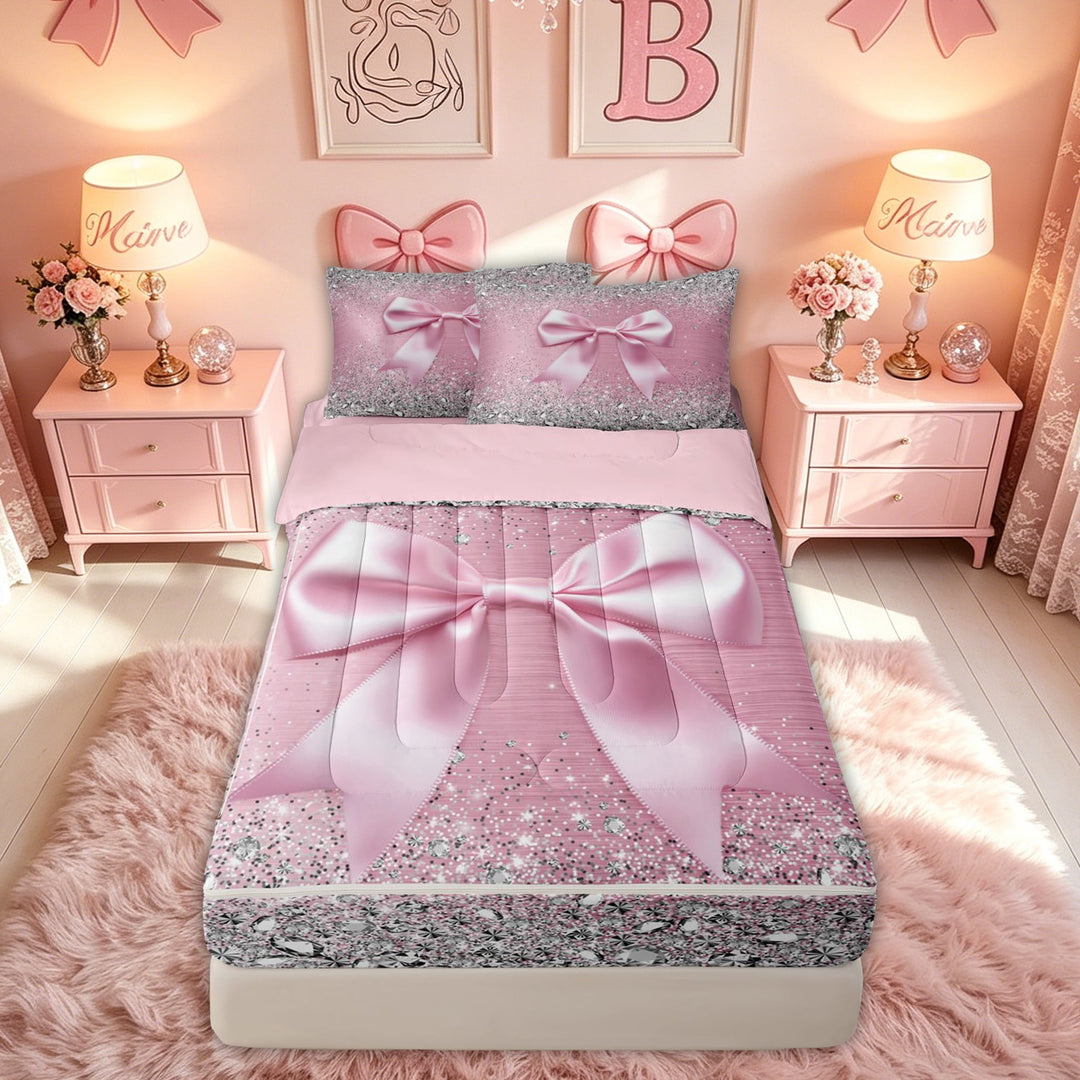 meiyoeat Girly Sequin Print Bow Zipper Full Size Comforter Sets with Fitted Sheet and 2 Pillowcases for Girls Kids Women, Princess Gemstones Zipper Bedding Set, Pink Silver, Pink Reversible, 4-Piece
