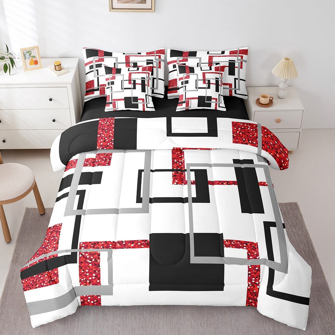 Erosebridal Black and White Striped 7 Pcs Comforter Set ,Red Sequins Bedding Sets Full,Modern Style Bed in A Bag,Abstract Reversible Bed Sets with Sheet Set Bedroom Decor