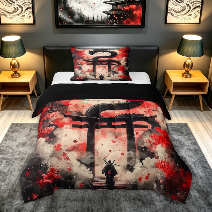 meiyoeat Samurai Japanese Dragon Full Size Comforter Sets for Boys, Galaxy Cherry Blossoms Bedding Comforter Set, Dark Crimson, Black Reversible, 3 Pieces, 1 Comforter and 2 Pillowcases