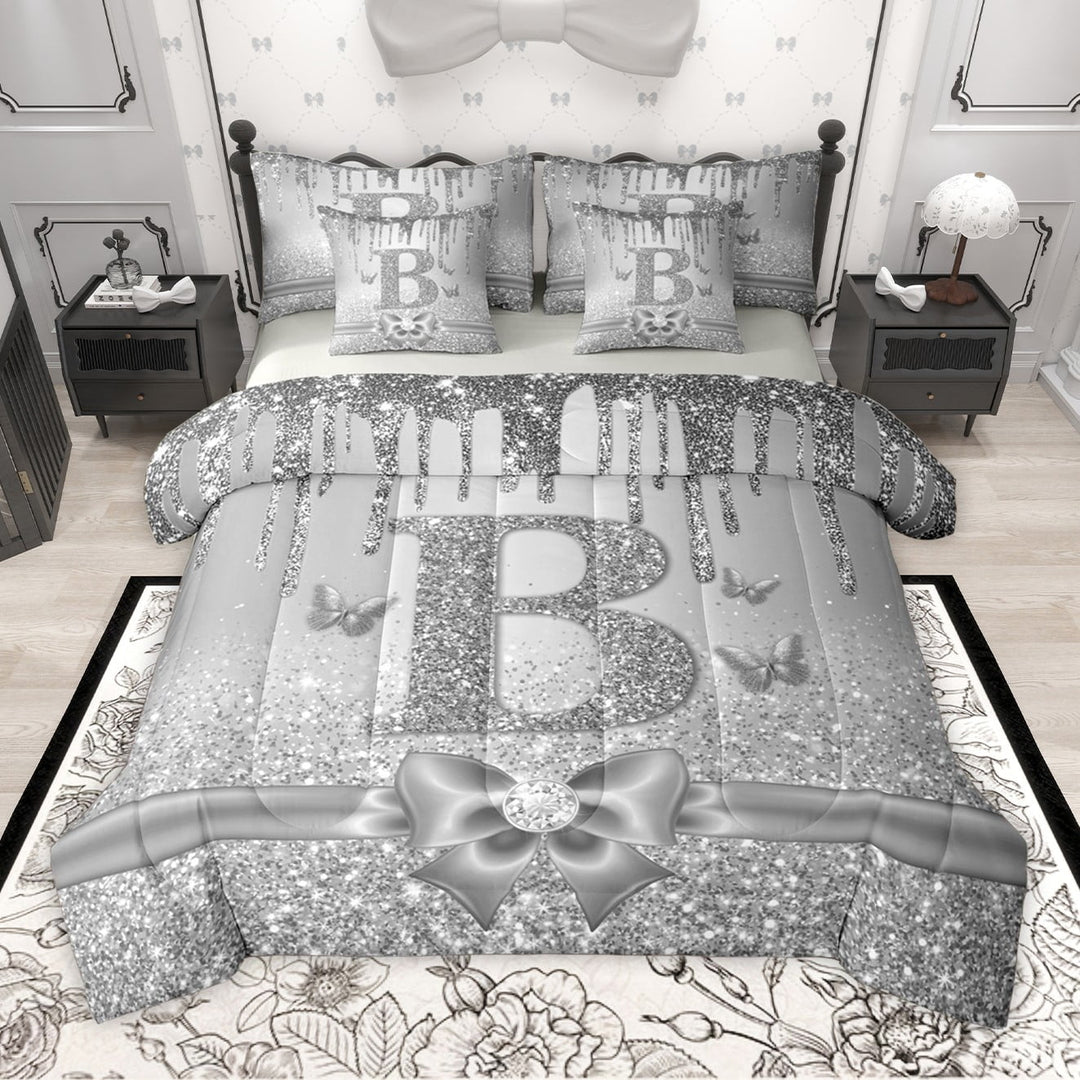Manfei Letter Monogrammed B 7-Piece Twin Bedding Sets for Kids Children Girls,Dreamy Princess Bedding Comforter Set,Cute Butterfly Bowknot Breathable Sheet Sets,Bling Glitter Bedroom Decor
