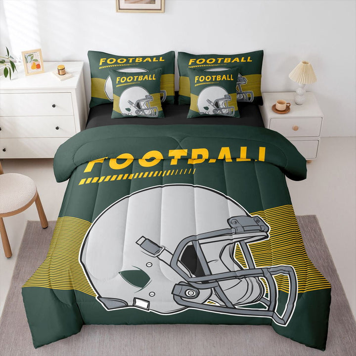 7Pcs American Football Comforter Set with Sheets Full Size Rugby Sports Game Comforter Sets Bed in a Bag with Pillowcases &amp; Throw Pillow Covers, Green Bay