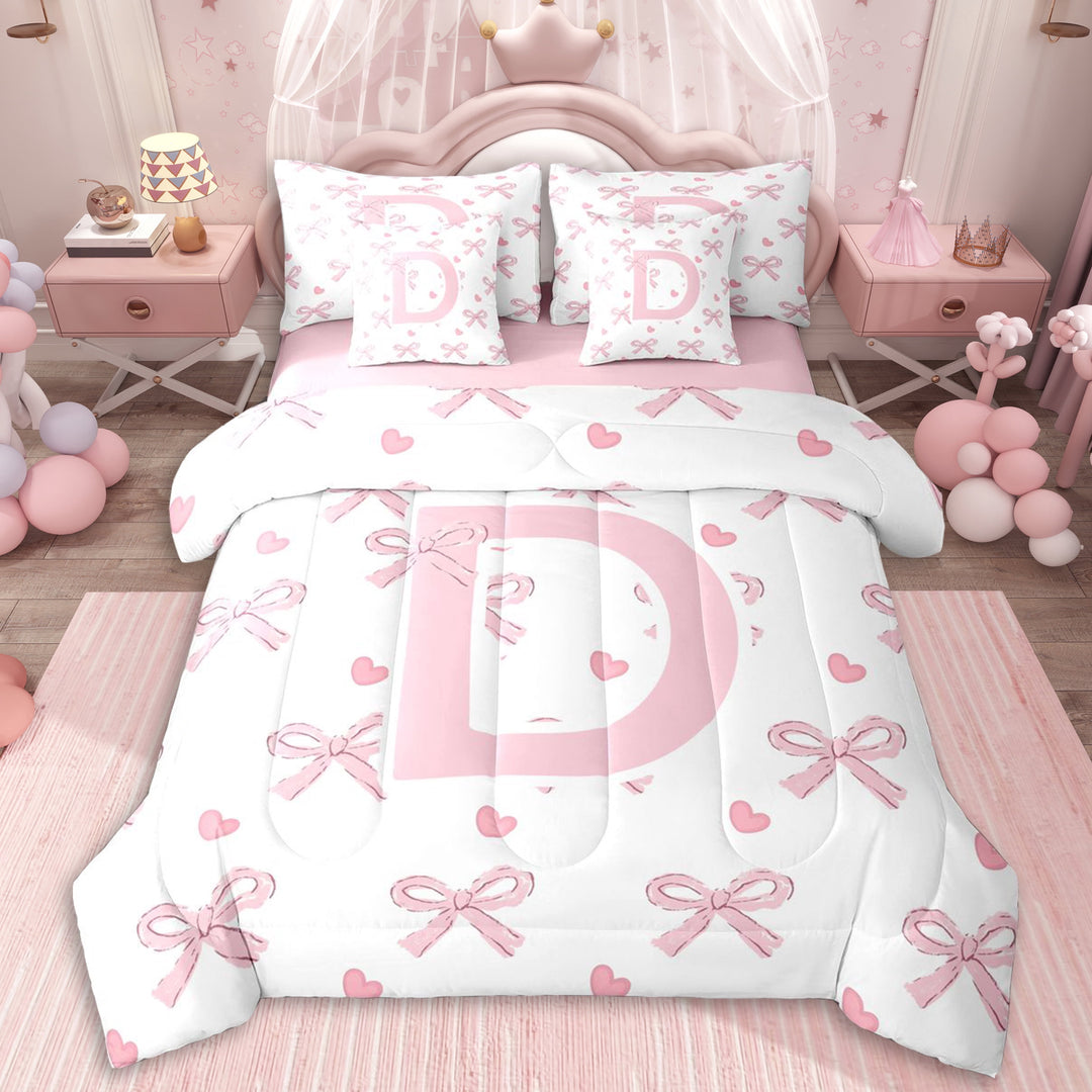 Erosebridal Girls Personalized D Initial Twin Bedding Sets 7-Piece,Cartoon Pink Bow Love Heart Bedding Comforter Set For Kids,Pink Reversible,Breathable Home Decor