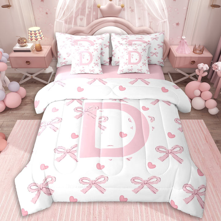 Erosebridal Girls Personalized D Initial Twin Bedding Sets 7-Piece,Cartoon Pink Bow Love Heart Bedding Comforter Set For Kids,Pink Reversible,Breathable Home Decor