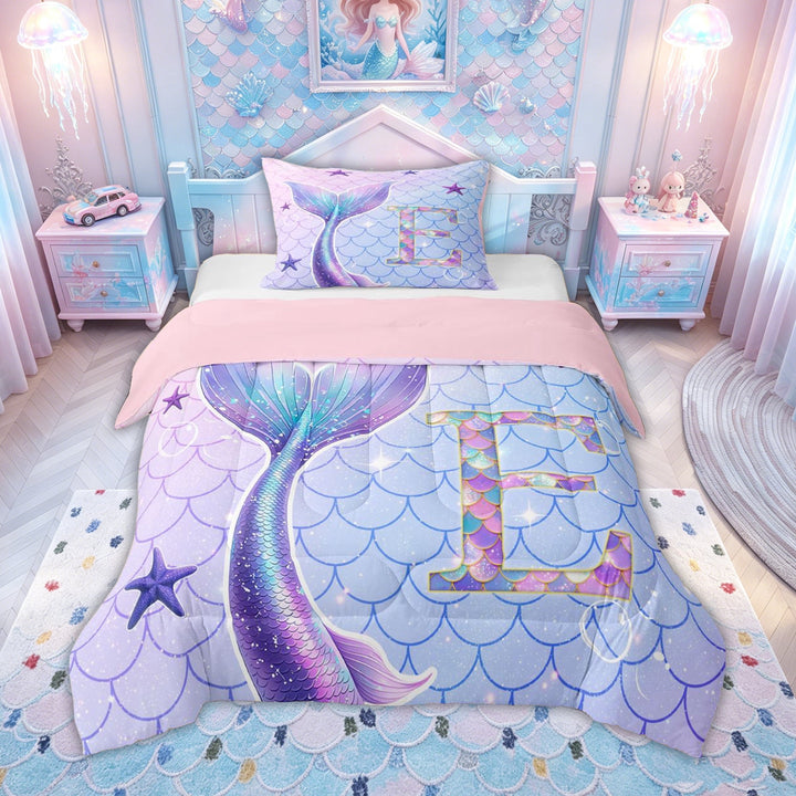 meiyoeat Mermaid Scale E Initial Full Size Comforter Sets for Girls, Ocean Starfish Bedding Comforter Set, Purple Blue, Pink Reversible 3 Pieces, 1 Comforter and 2 Pillowcases