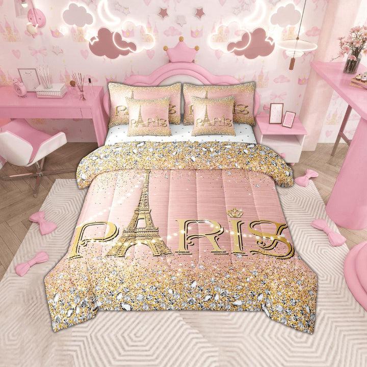 Erosebridal Eiffel Tower Comforter Set,Pink Golden Romantic Paris Bed in A Bag Full,(Not Real)Diamond Bedding Sets,Sparkles Sequins Reversible Bed Sets with Sheet Set Bedroom Decor