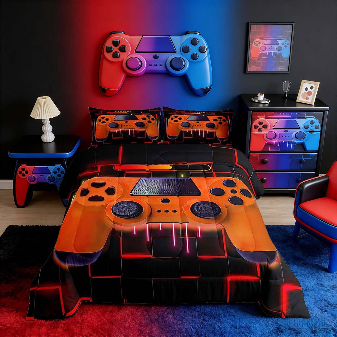 Orange Gaming Full Size Comforter Sets - Gamer Comforter Full Size Bedding Set, Neon Lights Abstract Geometry Design Gamer Room Decor